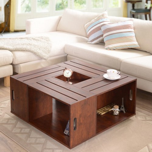 0651046850328 - SQUARE CRATE WALNUT COFFEE TABLE WITH OPEN SHELF STORAGE AND FLIP BOX CENTER TRAY INSERT WITH A VINTAGE FLAIR. ADD THIS ARTISAN INSPIRED ACCENT PIECE TO YOUR LIVING ROOM DECOR. THIS WOOD COCKTAIL TABLE IS SURE TO GET NOTICED WITH ITS CLASSIC APPEAL.