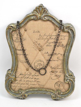 0651961001089 - CONCEPTS BURLAP ORNATE FRENCH MEMO BOARD / PIN BOARD WITH HANGING CHAIN 13X18