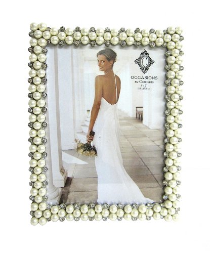 0651961015703 - CONCEPTS FRAMES, 5X7 INCH PHOTO OPENING DOUBLE TWISTED ROPE WHITE PEARLS WITH CRYSTALS PICTURE FRAME.