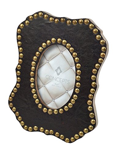 0651961386629 - CONCEPTS BLACK LEATHER SCALLOPED SHAPED PICTURE FRAME WITH GOLD METAL BUTTONS 4X6