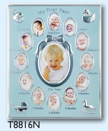 0651961554981 - CONCEPTS MY FIRST YEAR BLUE METAL BABY PICTURE FRAME WITH BOW AND 12 OVAL PICTURE SLOTS