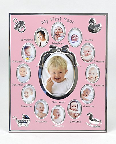 0651961554998 - CONCEPTS BABY MY FIRST YEAR PINK METAL PICTURE FRAME WITH BOW AND 12 OVAL PICTURE SLOTS