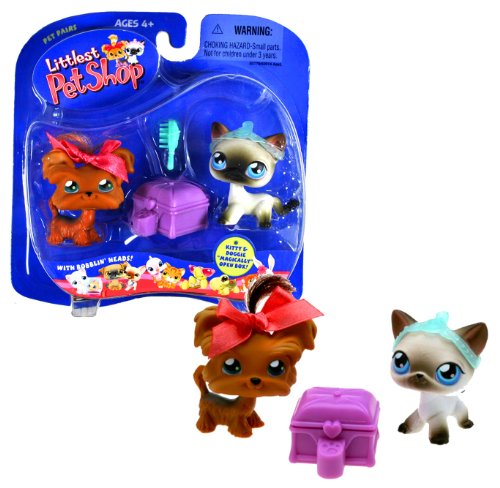 0653569014966 - HASBRO YEAR 2004 LITTLEST PET SHOP PET PAIRS SERIES COLLECTIBLE BOBBLE HEAD PET FIGURE SET - BROWN YORKSHIRE TERRIER YORKIE PUPPY DOG WITH PINK BOW AND WHITE SIAMESE CAT WITH BLACK SPOT PLUS TIARA, HAIRBRUSH AND JEWELRY BOX