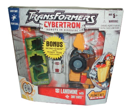 0653569132370 - TRANSFORMERS EXCLUSIVE CYBERTRON SERIES EARTH PLANET DELUXE CLASS 6 INCH TALL ROBOT ACTION FIGURE - LANDMINE WITH MISSILE LAUNCHER, 1 MISSILE AND CYBER PLANET KEY PLUS BONUS 3 INCH TALL MINI-CON DIRT BOSS WITH TIN BOX