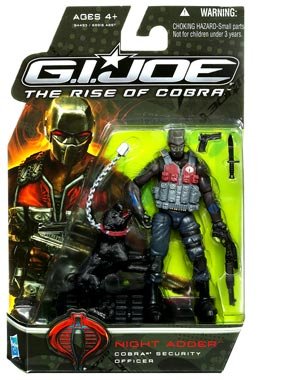0653569446989 - GI JOE MOVIE SERIES THE RISE OF COBRA 4 INCH TALL ACTION FIGURE - COBRA SECURITY OFFICER NIGHT ADDER WITH KNIFE, PISTOL, M.A.R.S INDUSTRIES D57-A EXTREME TACTICAL RIFLE, GUARD DOG WITH LEASH, AMMUNITION VEST AND DISPLAY STAND