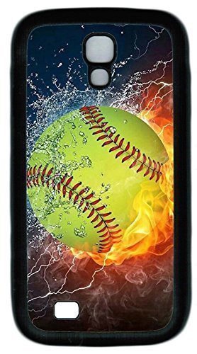6539463357887 - S4 CASES, GALAXY S4 CASE, CUSTOMIZE FIRE YELLOW SOFTBALL SOFT RUBBER TPU BLACK CASE SHOCK-ABSORPTION BUMPER PROTECTIVE CASE COVER FOR SAMSUNG GALAXY S4