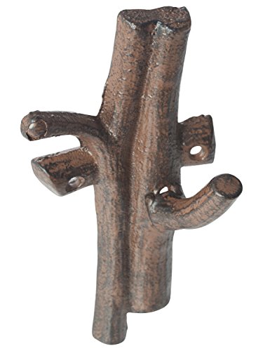 CAST IRON BRANCH WALL HOOK, WALL MOUNTED DECORATIVE HANGER WITH 2 COAT  HOOKS, FOR COATS, PURSES, HATS, CLOTHES, TOWELS AND MORE, 4X2.5X7.3