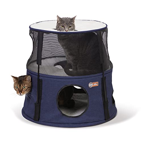 0655199638024 - K&H PET PRODUCTS CAT TOWER TREE CONDO FOR INDOOR CATS, MODERN CUTE CAT HAMMOCK BED, KITTEN & ADULT HOUSE ACTIVITY CENTER PLAYGROUND TREE CAVE LARGE COZY HIDEAWAY - 2 LEVEL DENIM 22 X 20