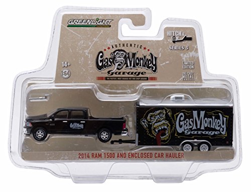 0655257545929 - 2014 RAM 1500 & ENCLOSED CAR HAULER (GAS MONKEY GARAGE) * HITCH & TOW SERIES 5 * 2015 GREENLIGHT COLLECTIBLES TRUCK & TRAILER LIMITED EDITION 1:64 SCALE DIE-CAST VEHICLE SET