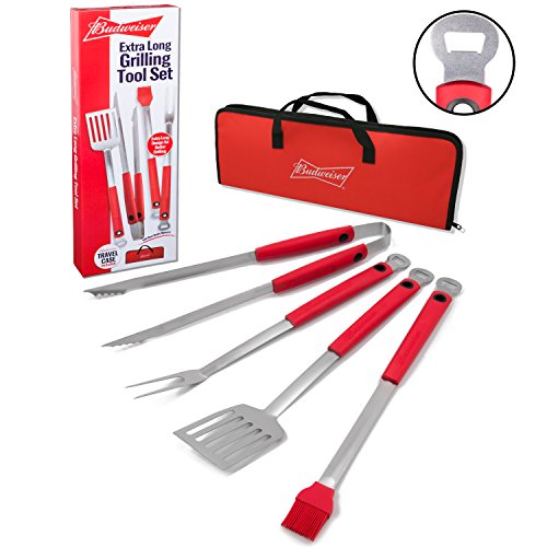 0656103020829 - BUDWEISER GRILLING TOOLS- EXTRA LONG 4 PC 20 BARBECUE GRILL SET WITH CARRYING CASE AND BUILT-IN BOTTLE OPENERS