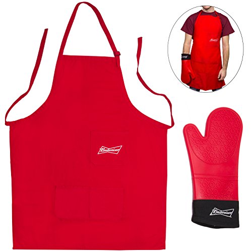 0656103020836 - BUDWEISER GRILLING MITT AND BARBECUE APRON- TAILGATING BBQ APRON & EXTRA LONG HEAT RESISTANT OVEN MITT