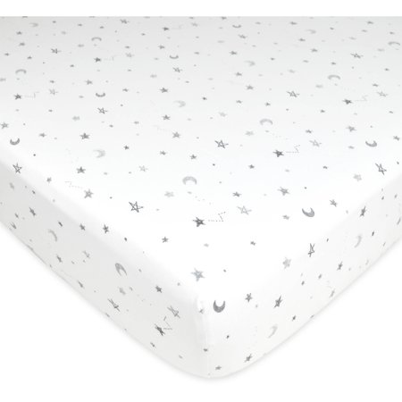 0656173355401 - AMERICAN BABY COMPANY PRINTED JERSEY KNIT FITTED CRIB SHEET, GREY STARS AND MOON
