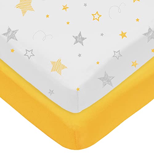 0656173500573 - AMERICAN BABY COMPANY 2 PACK PRINTED 100% NATURAL COTTON VALUE JERSEY KNIT FITTED PACK N PLAY PLAYARD SHEET, GOLDEN YELLOW STAR/YELLOW, SOFT BREATHABLE, FOR BOYS AND GIRLS