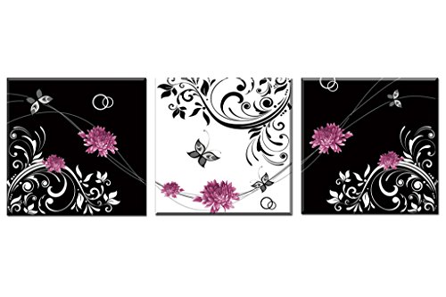 0656688701328 - CANVAS PRINTS FOR BEDROOM OR LIVING ROOM / 3 PANELS STRETCHED AND FRAMED WALL ART HOME DECORATION / PINK FLOWER & BUTTERFLY WITH BLACK AND WHITE BACKGROUND / HIGH RESOLUTION PRINT ON CANVAS