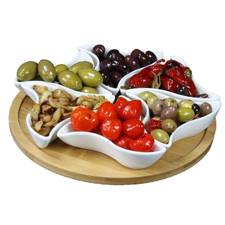 0657248188825 - 10.75 IN. MODERN LAZY SUSAN APPETIZER & CONDIMENT SERVER SET WITH 6 UNIQUE DESIGN SERVING DISHES & A BAMBOO LAZY SUZAN SERVING TRAY - 7 PIECE