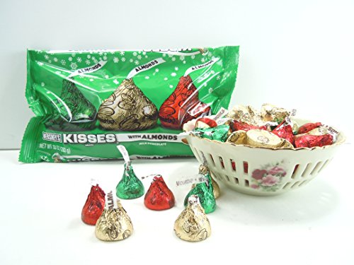 0658240516623 - HERSHEY'S HOLIDAY KISSES MILK CHOCOLATE WITH ALMONDS 10OZ. BAG AND A 5 BAUM BROS.PIERCED CHINA CANDY DISH