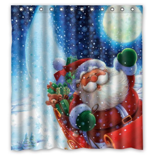 6582976016390 - 66(W) X 72(H) SANTA CLAUS REINDEER PATTERN 100% POLYESTER BATHROOM SHOWER CURTAIN SHOWER RINGS INCLUDED, MERRY XMAS CHRISTMAS EVE, GREAT DECORATION FOR CHRISTMAS