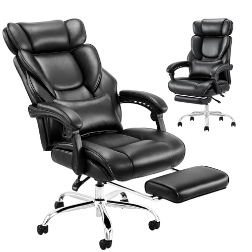 0658358545652 - OFFICE CHAIR WITH FOOTREST-ERGONOMIC COMPUTER CHAIR WITH EXTRA LUMBAR SUPPORT PILLOW, HIGH BACK EXECUTIVE DESK CHAIR THICK BONDED LEATHER, LARGE HOME OFFICE WORK CHAIR WITH WIDE SEAT FOR COMFORT-BLACK