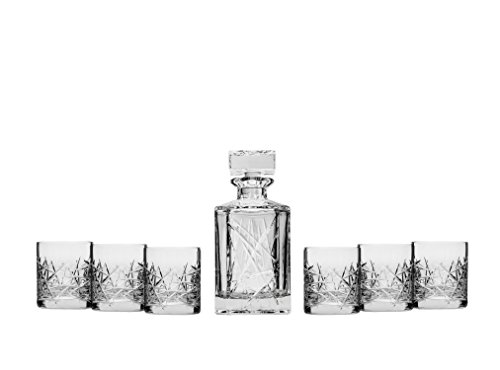 0660061211359 - BOHEMIA CRYSTAL WHISKEY SET GRAFFITI, CLEAR CRYSTAL DECANTER AND SIX HEAVY-BASE WHISKY SCOTCH BRANDY GLASSES, CLASSIC ELEGANT CARAFE AND WHISKEY TUMBLERS, 1+6-PIECE SET