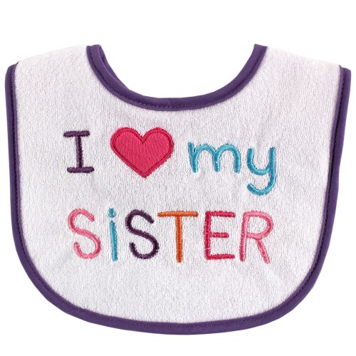 0660168002263 - LUVABLE FRIENDS I LOVE MY BROTHER AND SISTER APPLIQUE BABY BIB, BABY GIRL LOVES SISTER