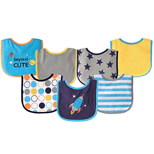 0660168021998 - LUVABLE FRIENDS 7 PIECE DROOLER BIBS WITH WATERPROOF BACKING, BLUE SPACESHIP
