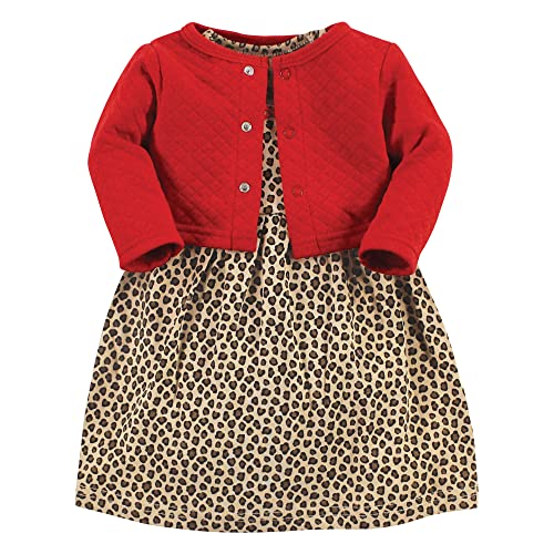 0660168258981 - HUDSON BABY INFANT AND TODDLER GIRL QUILTED CARDIGAN AND DRESS, LEOPARD RED, 4 TODDLER