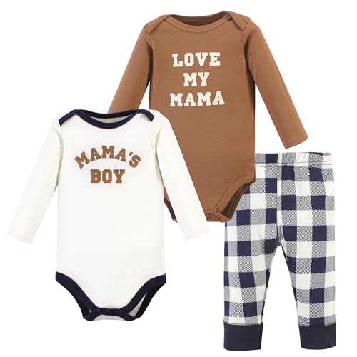 0660168460278 - HUDSON BABY UNISEX BABY LONG-SLEEVE BODYSUITS AND PANTS, BROWN NAVY MAMAS BOY LONG-SLEEVE, 3-6 MONTHS