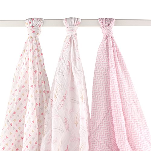 0660168505597 - HUDSON BABY MUSLIN SWADDLE BLANKETS, PINK FEATHERS