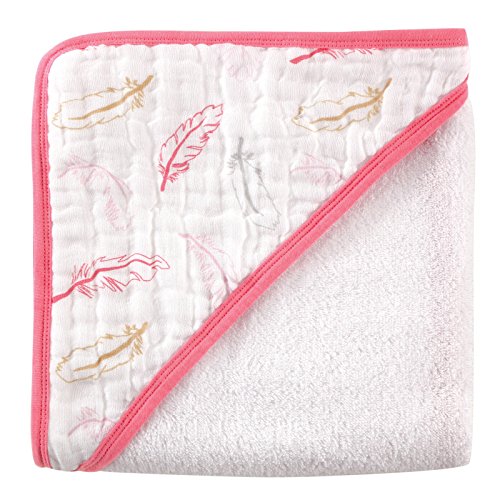 0660168570250 - HUDSON BABY WOVEN TOWEL WITH MUSLIN HOOD, PINK FEATHERS, 30 X 36