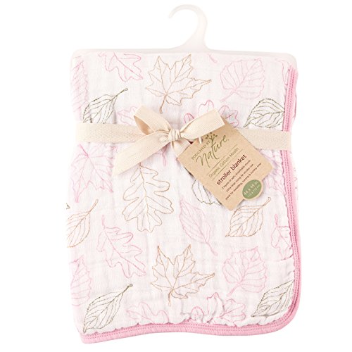 0660168684902 - TOUCHED BY NATURE GIRL'S ORGANIC TWO LAYER MUSLIN STROLLER BLANKET, PINK LEAVES