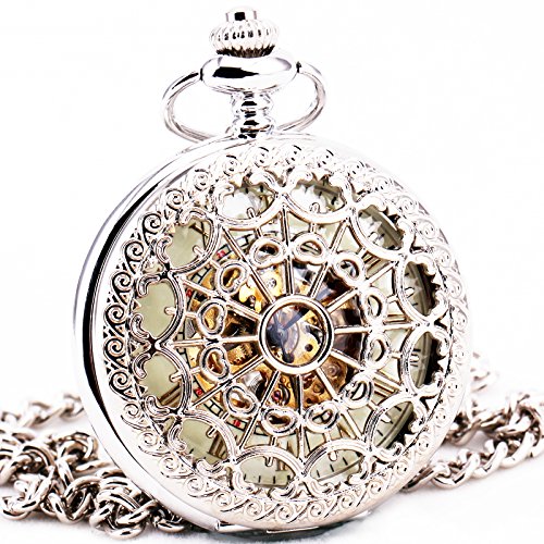 6603867172350 - DELICATE SILVER STAINLESS-STEEL UNISEX BAROQUE WOMENS AUTOMATIC MECHANICAL POCKET WATCH HOLLOWED LID CHAIN