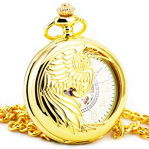 6603867172428 - LUXURY NOBLE BRASS COPPER UNISEX MENS MECHANICAL POCKET WATCH GREEN DIAL ANGEL WING CARVED PATTERN PENDANT