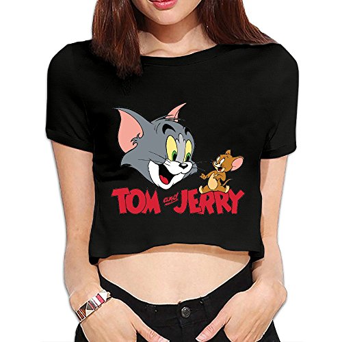 6611345183071 - WOMEN'S TOM AND JERRY LOGO EMOTION SUMMER EXPOSE NAVEL TEE T-SHIRT [BLACK US SIZE M
