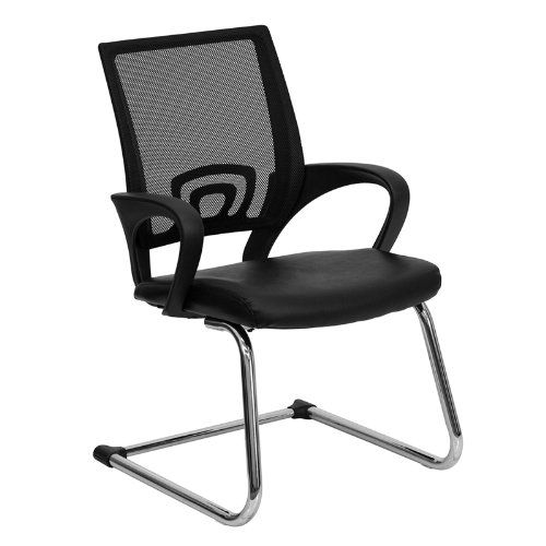 0661799046053 - OFFEX BLACK LEATHER OFFICE SIDE CHAIR WITH BLACK MESH BACK AND SLED BASE