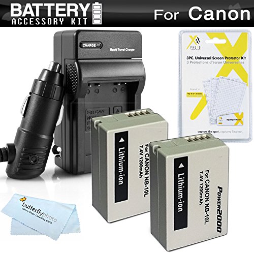 0661799345149 - 2 PACK BATTERY AND CHARGER KIT FOR CANON POWERSHOT SX40 HS SX40HS, SX50 HS, SX50HS, POWERSHOT G15, POWERSHOT G16, G1 X G1X DIGITAL CAMERA INCLUDES 2 EXTENDED REPLACEMENT (1200MAH) NB-10L BATTERIES + AC/DC TRAVEL CHARGER + LCD SCREEN PROTECTORS + MORE