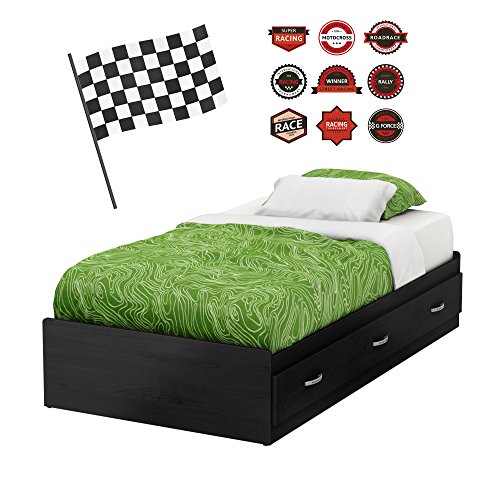 0066311060317 - SOUTH SHORE LUKA MATES BED WITH DRAWERS AND RACING FLAG AND RACE BADGES OTTO GRAFF WALL DECALS SET, 39/TWIN, BLACK ONYX