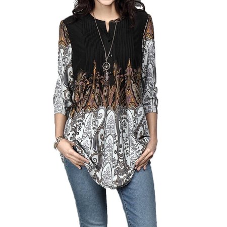 0663274318501 - WOMEN’S FASHION FLORAL PRINT TUNIC TOP BOHO PLEATED BLOUSE TOPS