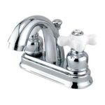 0663370080524 - CHICAGO 4 DOUBLE HANDLE CENTERSET STANDARD BATHROOM SINK FAUCET WITH PORCELAIN HANDLE AND POP-UP DRAIN FINISH SATIN NICKEL