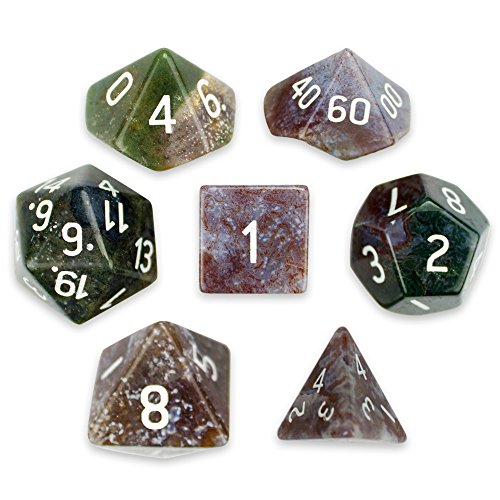 0664000395445 - SET OF 7 PREMIUM HANDMADE STONE POLYHEDRAL WIZ DICE - CHOOSE FROM 12 TYPES! (INDIAN AGATE)