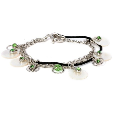 0664843043640 - BLACK ROPE AND CHAIN BRACELET WITH WHITE AND GREEN ROUND STONES