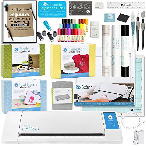 0665788876676 - SILHOUETTE CAMEO II TOUCH SCREEN WITH MEGA BUNDLE - VINYL ROLLS, HEAT TRANSFER KIT, RHINESTONE KIT, FABRIC KIT, STARTER GUIDE, SKETCH PENS, PIXSCAN, FABRIC BLADE, ETCHING CREAM, AND MORE!