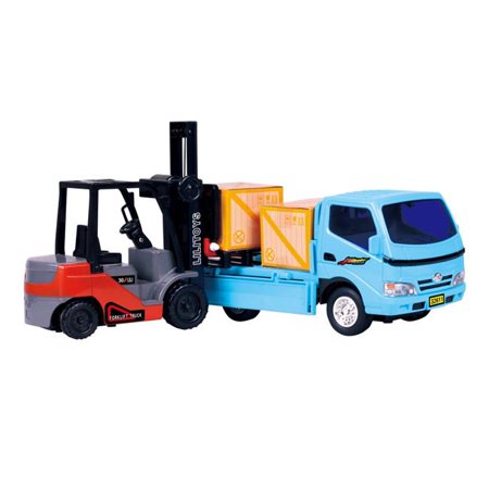 0666431004385 - AZIMPORT T526 FRICTION POWERED FORKLIFT & TRUCK PLAY SET VEHICLE WITH 2 CARGO BOX & A PALLET