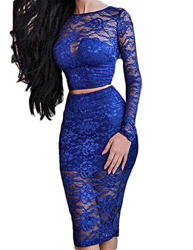 6664411670753 - NEW SEXY LONG SLEEVE FLORAL PRINT LACE NIGHTCLUB TWO PIECE DRESS
