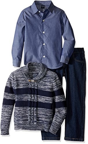0666980056378 - NAUTICA LITTLE BOYS' TODDLER THREE PIECE SET WITH WOVEN SHIRT, STRIPED SHAWL SWEATER, AND DENIM JEAN, SPORT NAVY, 2T
