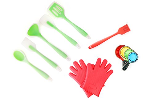 0667031449750 - THE KITCHEN SHACK SILICONE COOKING SET, 16-PIECE BUNDLE:OVEN MITTS, SPATULA, SLOTTED TURNER, SPOONULA, BASTER, COLLAPSIBLE MEASURING CUPS & MEASURING SPOONS - HEAT RESISTANT, NON STICK SILICONE