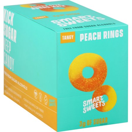 0669809200556 - SMARTSWEETS PEACH RINGS 1.8 OZ BAGS (BOX OF 12), CANDY WITH LOW SUGAR (3G) & LOW CALORIE - FREE OF SUGAR ALCOHOLS & NO ARTIFICIAL SWEETENERS, SWEETENED WITH STEVIA