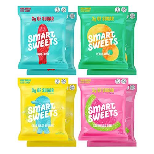 0669809202048 - SMARTSWEETS VARIETY PACK, CANDY WITH LOW SUGAR, LOW CALORIE SNACKS, PLANT-BASED: SWEET FISH, SOURMELON BITES, PEACH RINGS, SOUR BLAST BUDDIES, 1.8OZ (PACK OF 8)