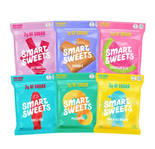 0669809202208 - SMARTSWEETS VARIETY PACK SAMPLER, CANDY WITH LOW SUGAR & CALORIE - SWEET FISH, SOURMELON BITES, PEACH RINGS, SOUR BLAST BUDDIES, RED TWISTS, & NEW SOFT CARAMELS, (PACK OF 6 INDIVIDUAL FLAVORS)