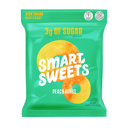 0669809222565 - SMARTSWEETS PEACH RINGS, CANDY WITH LOW SUGAR (3G), LOW CALORIE, PLANT-BASED, FREE FROM SUGAR ALCOHOLS, NO ARTIFICIAL COLORS OR SWEETENERS, PACK OF 6, NEW JUICY RECIPE