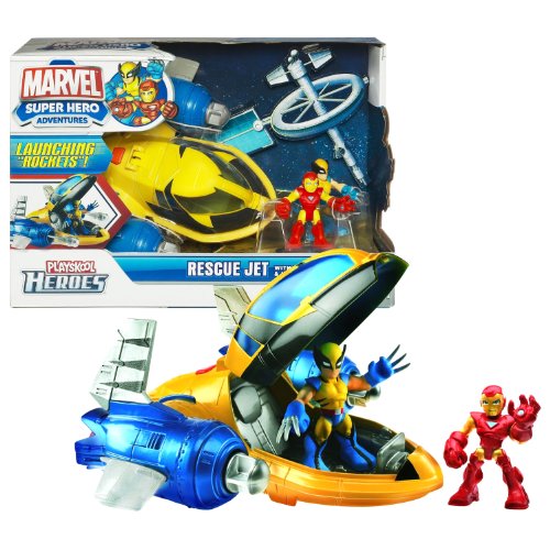 0067008266791 - HASBRO PLAYSKOOL HEROES YEAR 2010 MARVEL SUPER HERO ADVENTURES SERIES VEHICLE SET - RESCUE JET WITH 2 ROCKET LAUNCHERS AND 2 ROCKETS PLUS WOLVERINE AND IRON MAN FIGURE (VEHICLE DIMENSION: 7-1/2 X 7-1/2 X 4)